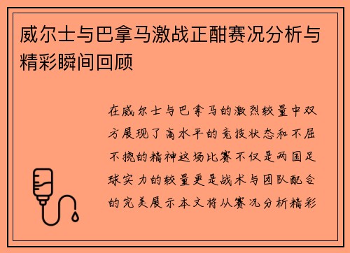 威尔士与巴拿马激战正酣赛况分析与精彩瞬间回顾