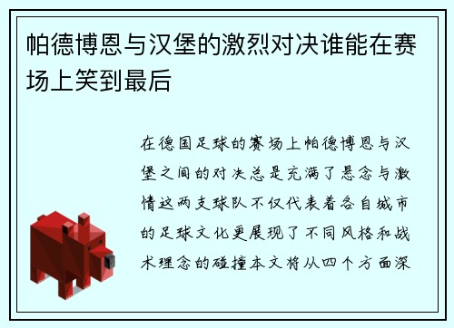 帕德博恩与汉堡的激烈对决谁能在赛场上笑到最后
